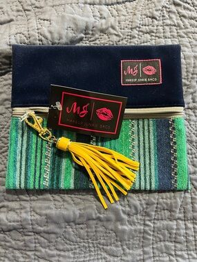 Makeup Junkie Green & Navy  small bag with Yellow Tassel Charm